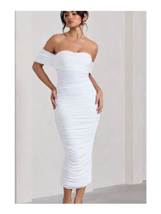 Club L London Dresses & Skirts - NWT Club L London Lost For Words Bardot White Ruched Draped Midi Dress Women's 8